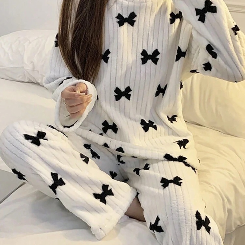Cozy White Pajama Set with Black Bow Pattern